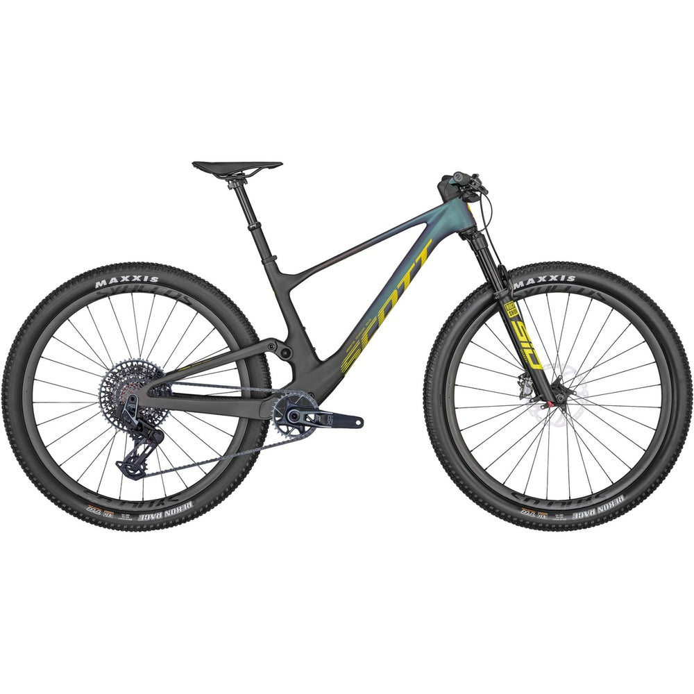 Scott Spark RC World Cup mountain bike in teal green with yellow branding