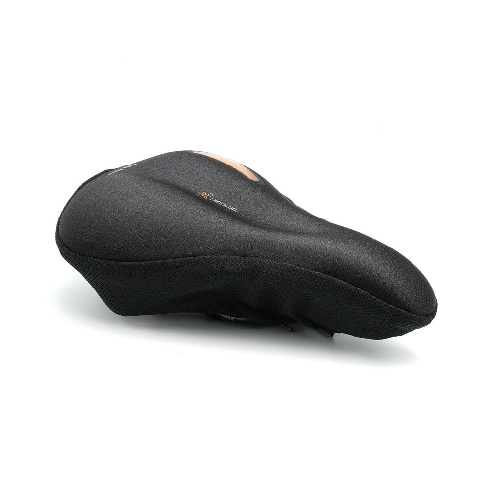 Selle Royal gel bicycle seat cover in black with orange accent stripe