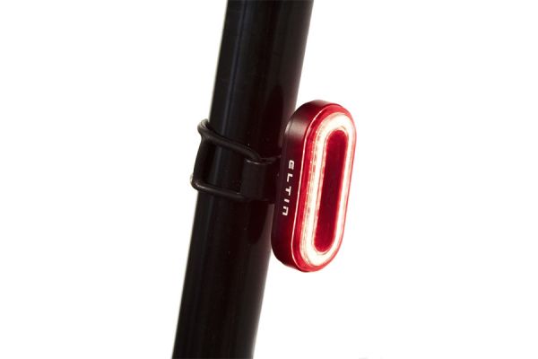 Red Eltin 65 lumen rear bike light attached to black seatpost