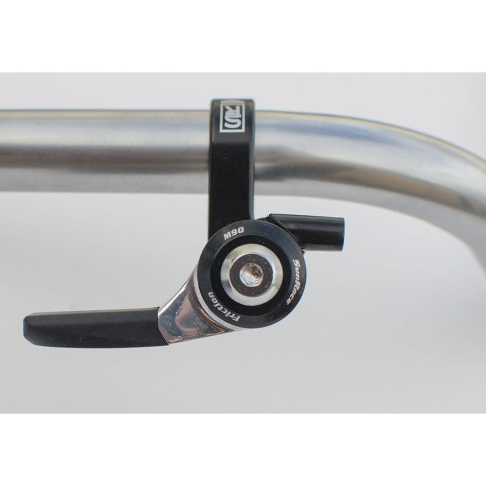 Sunrace black thumb shifter lever with chrome handlebar mount against clean white background