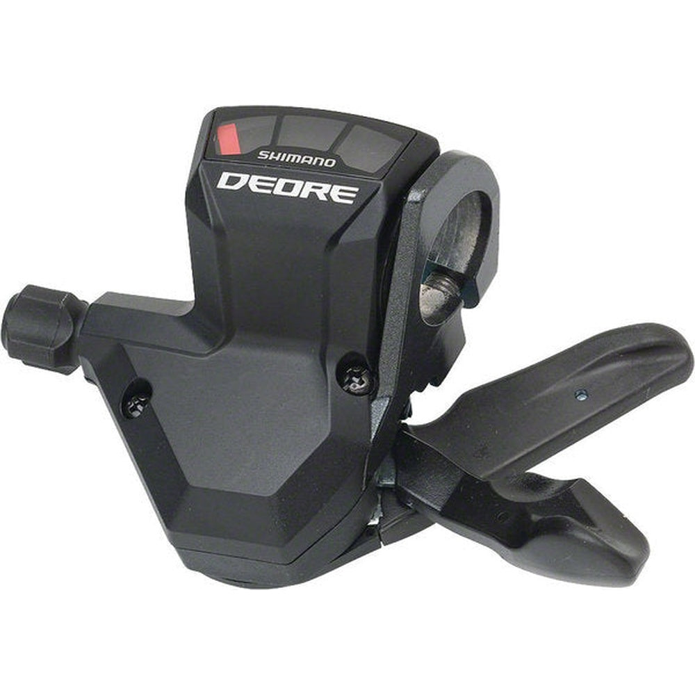 Shimano Deore black bicycle shift lever with gear display on white background