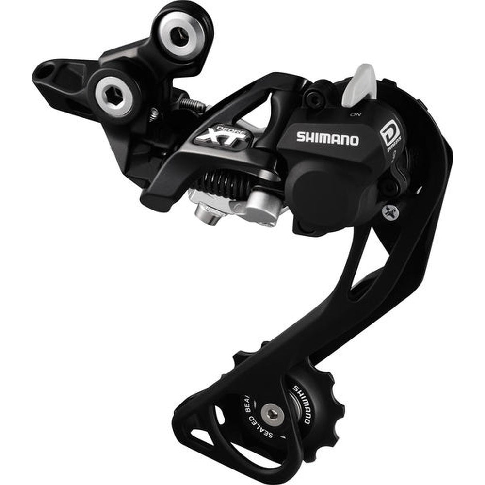 Shimano XT rear derailleur in black with professional studio lighting