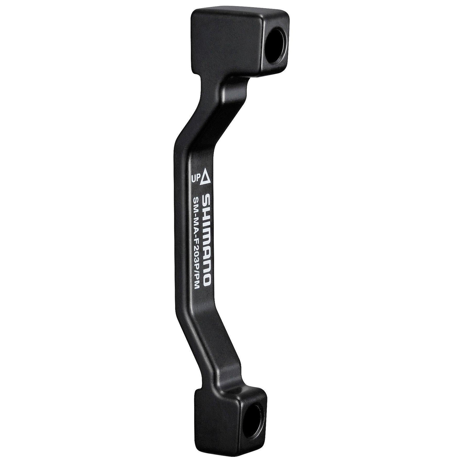 Black Shimano disc brake mount adapter with curved design on white background