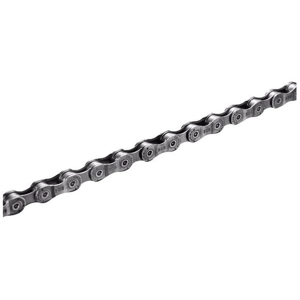 Shimano E-Bike 9-speed bicycle chain in silver metallic finish on white background