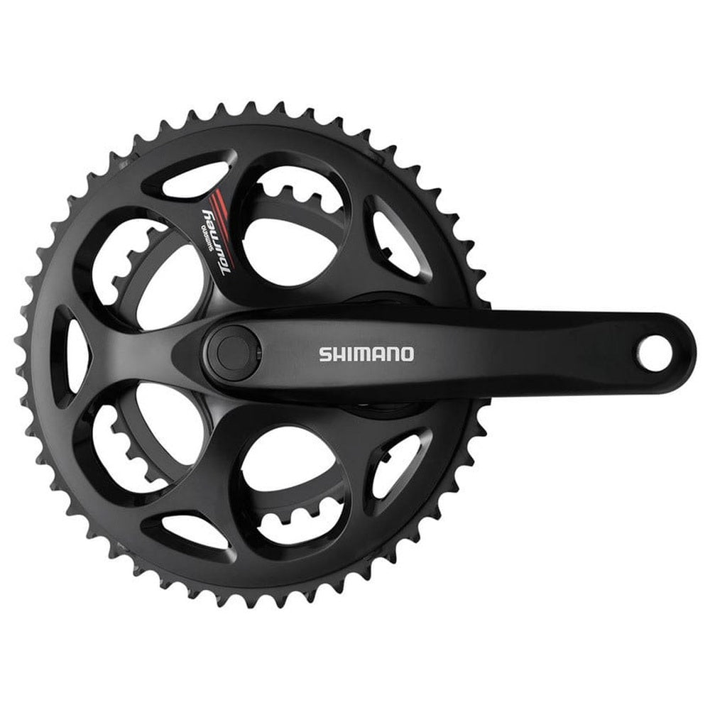 Shimano FC-A070 black bicycle crankset with dual chainrings on white background