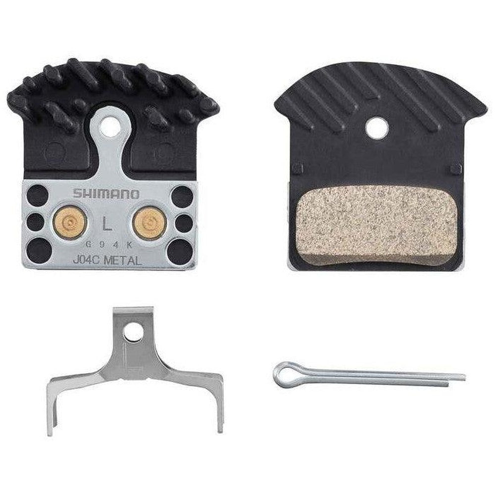 Shimano J04C Metal disc brake pads with cooling fins and mounting hardware