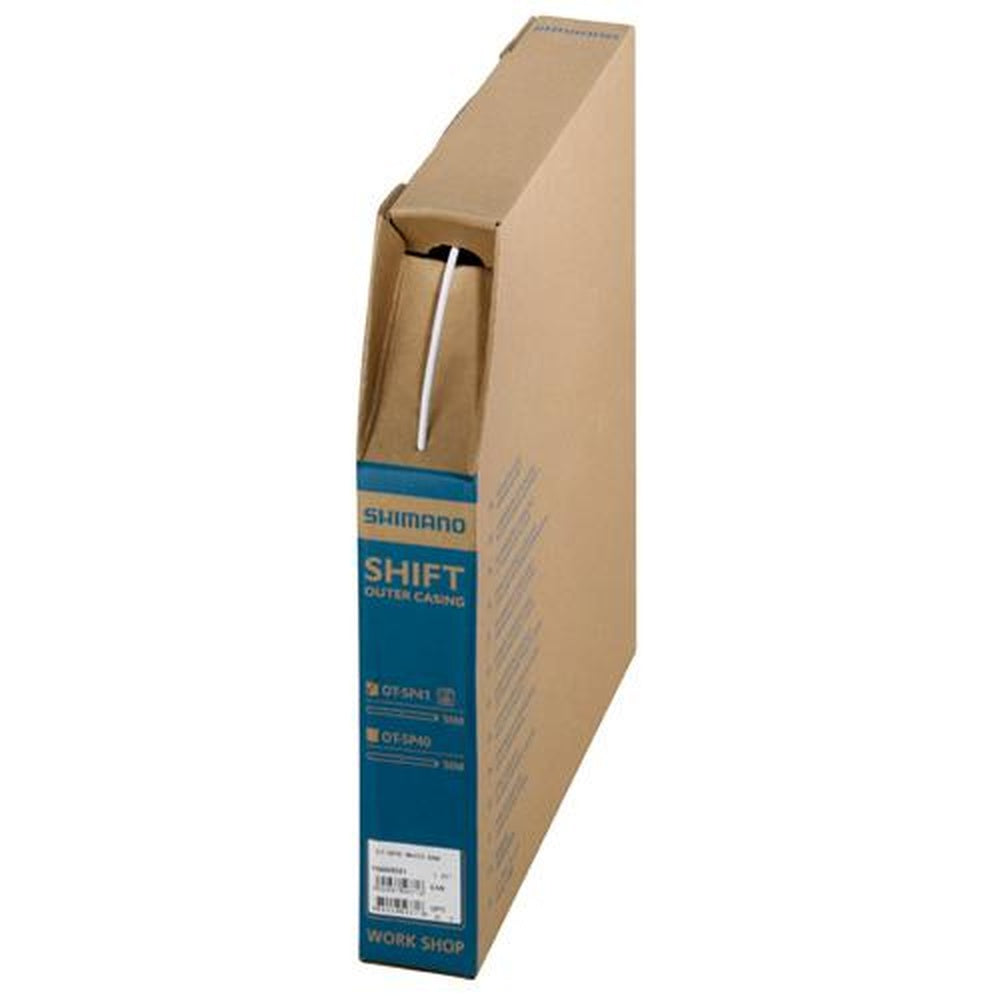 Shimano SP41 shift outer casing in white color, packaged in cardboard box