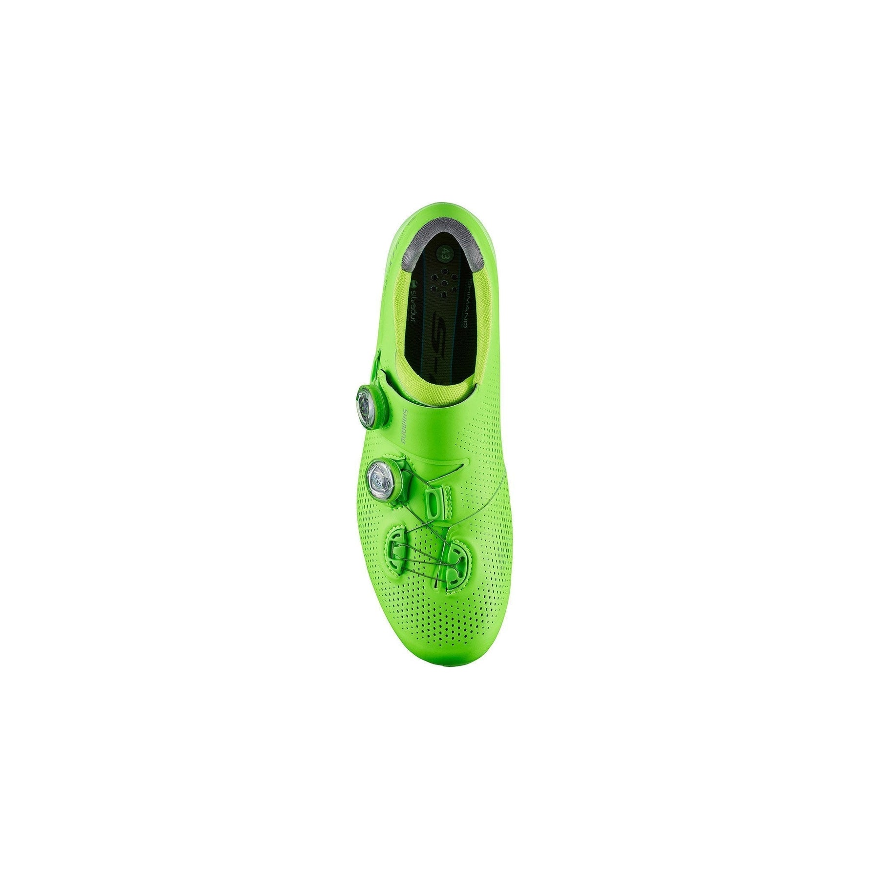 Shimano S-SPHYRE SH-RC901 cycling shoes in bright green with dual BOA dials
