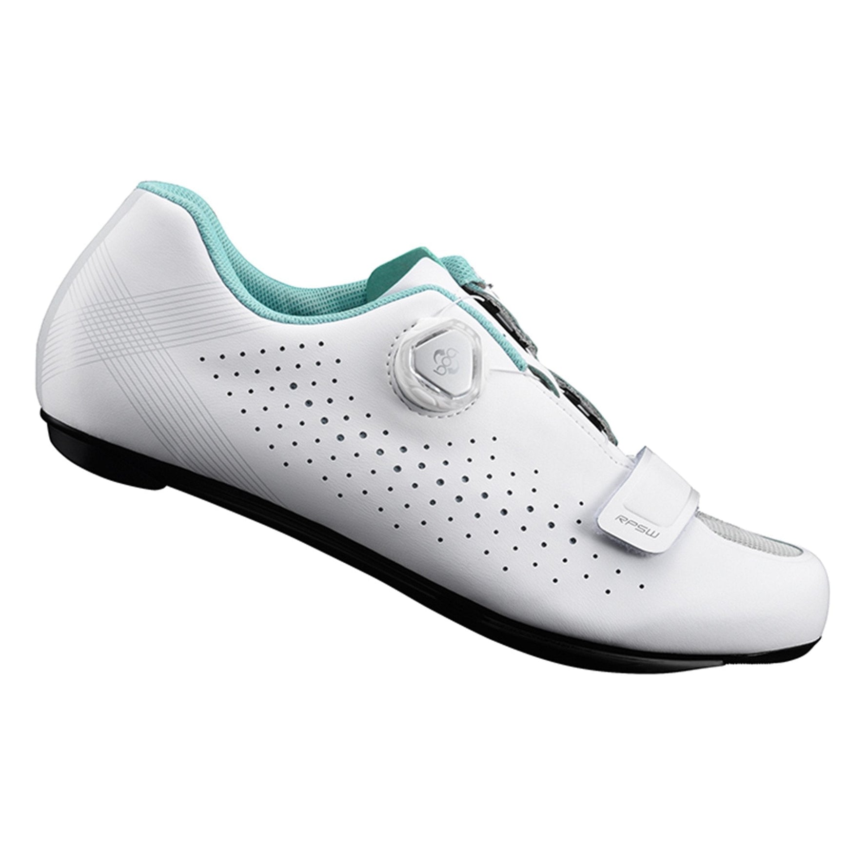 White cycling shoe with teal trim, BOA dial closure and ventilation holes