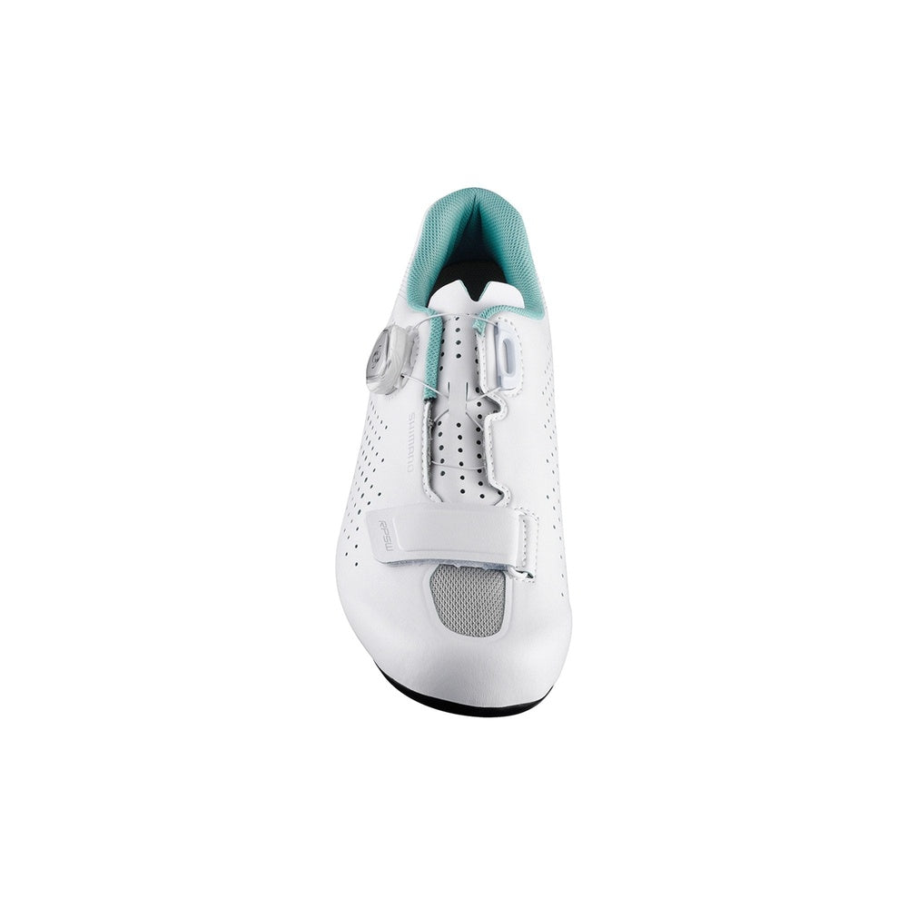White cycling shoe with BOA dial closure system and perforated upper design