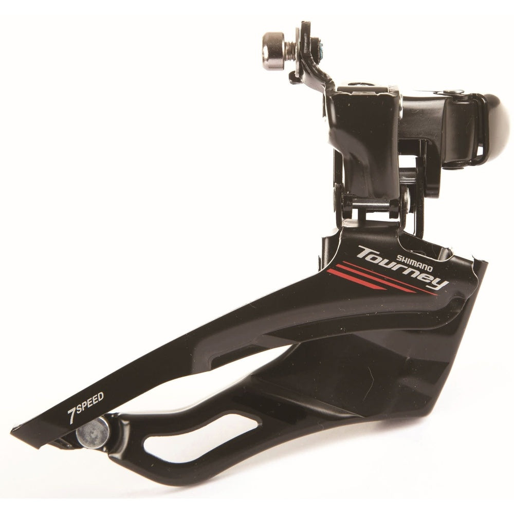 Shimano Tourney front derailleur with band clamp mount on white background
