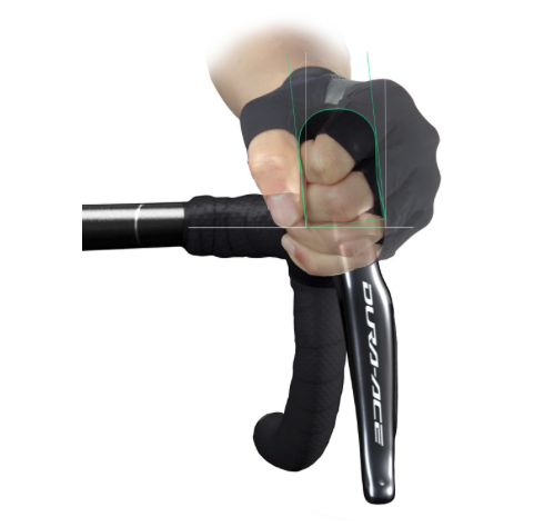 Hand gripping Shimano Dura-Ace ST-R9270 left hydraulic disc brake shift lever on handlebar