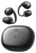 Shokz OpenDots Air black wireless earbuds with charging case, Shokz branding visible