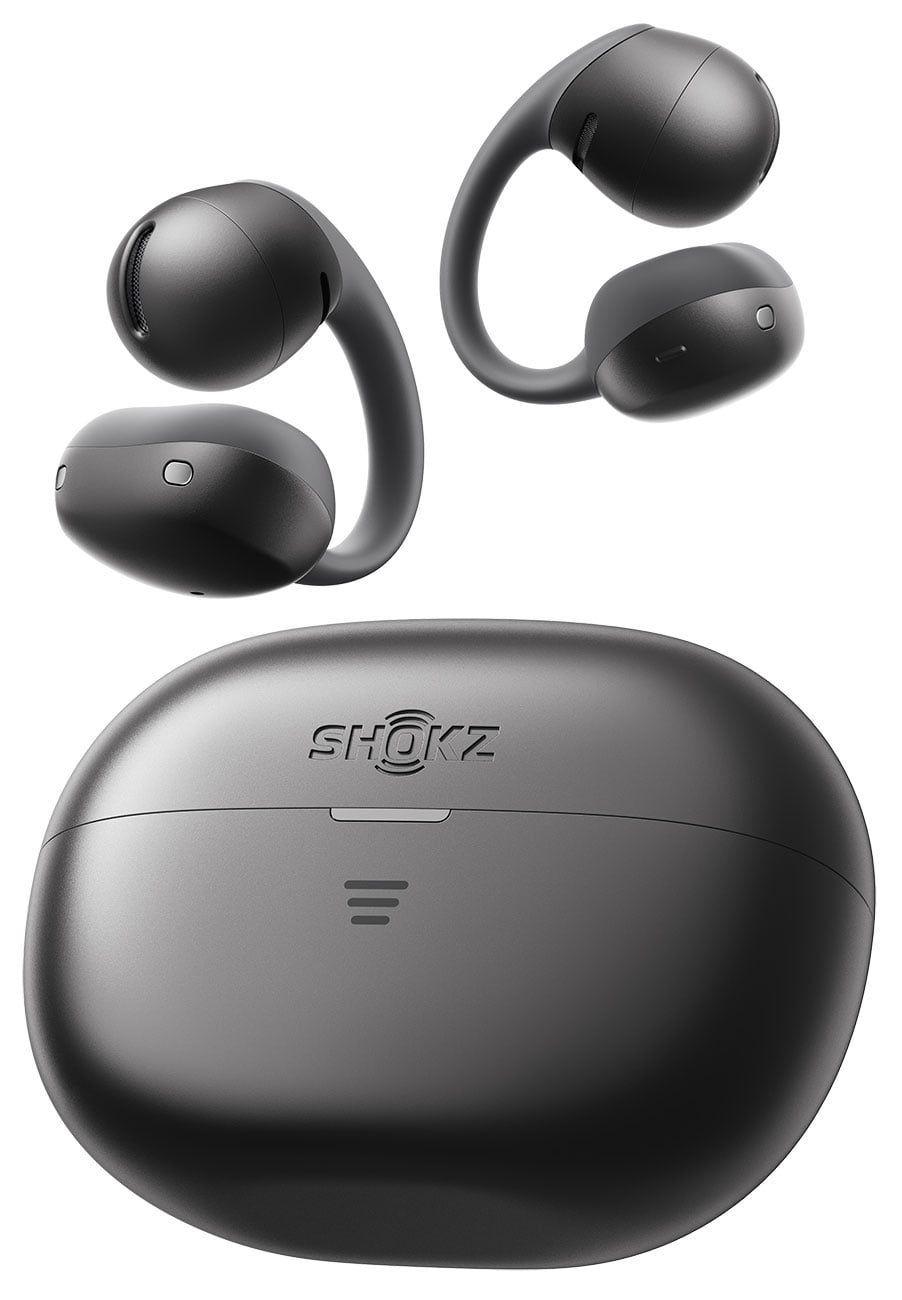 Shokz OpenDots Air black wireless earbuds with charging case, Shokz branding visible