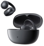 Shokz OpenDots Air black open-ear earbuds shown with charging case open