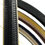 Kenda K36 27x1-1/8 wire bicycle tires with black tread and gum wall sidewalls displayed in multiple variants