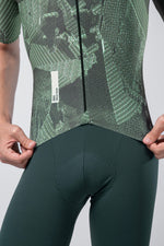 Gobik Attitude 2.0 short sleeve cycling jersey in Crash green pattern with matching shorts