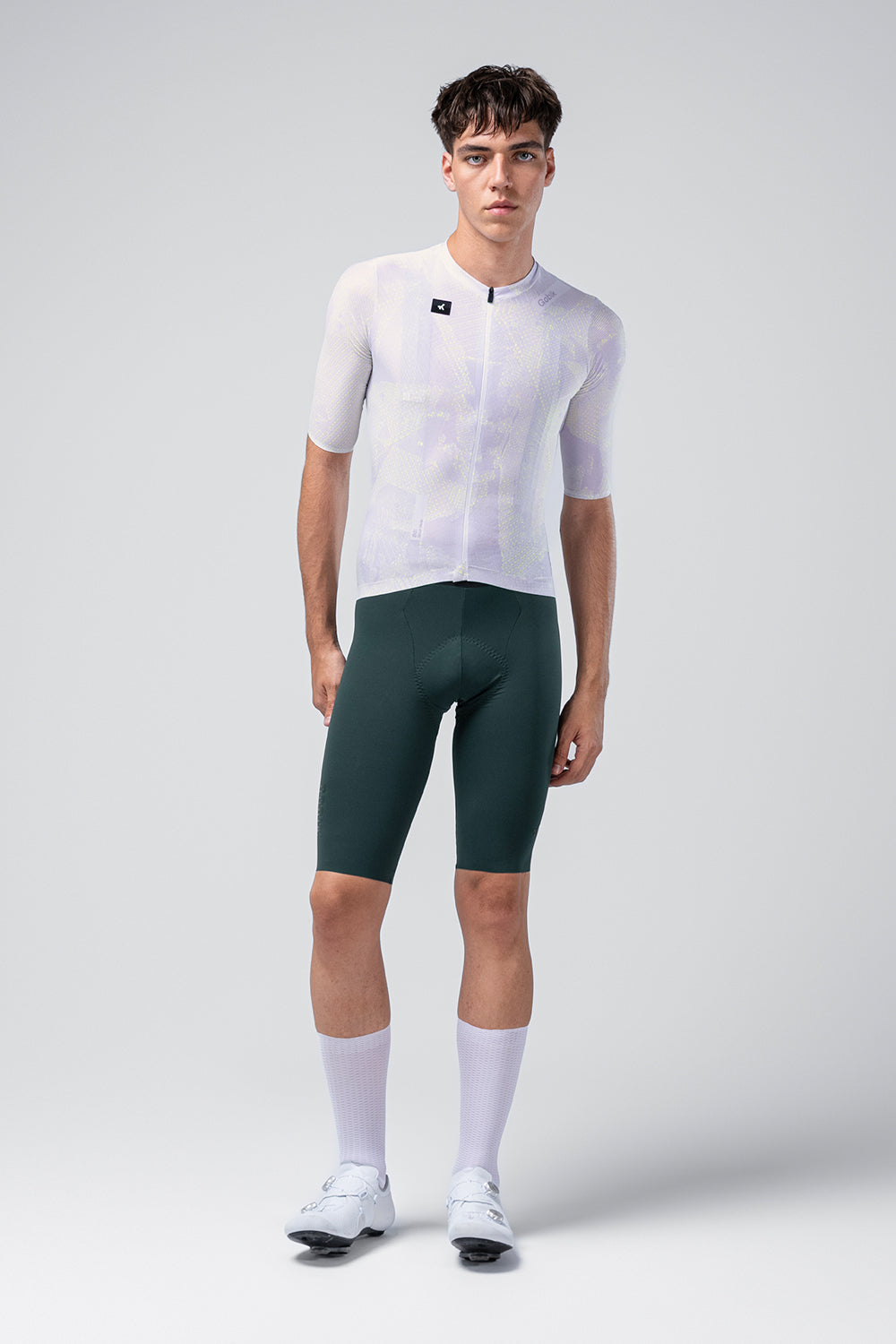 Gobik Attitude 2.0 short sleeve cycling jersey in Lag colorway with green shorts