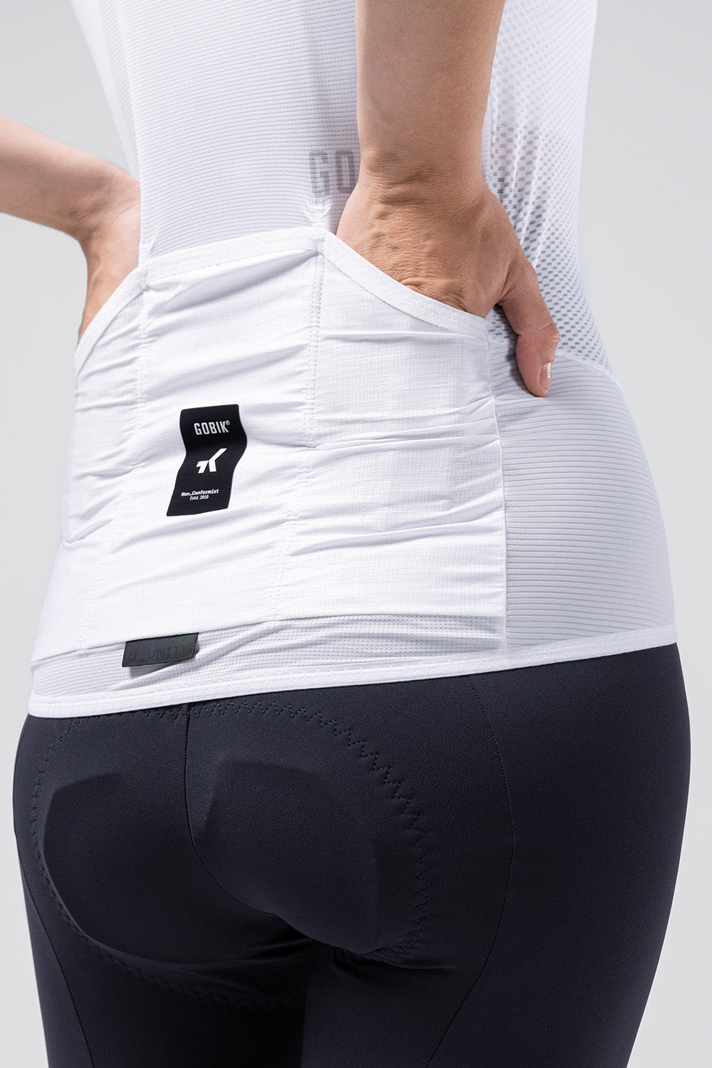 White Gobik Carrera 3.0 cycling jersey with textured fabric and black label detail