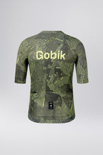 Gobik CX Pro cycling jersey with green topographical map pattern on dark background