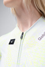 Gobik CX Pro Jersey in white with yellow amazonian pattern, close-up view