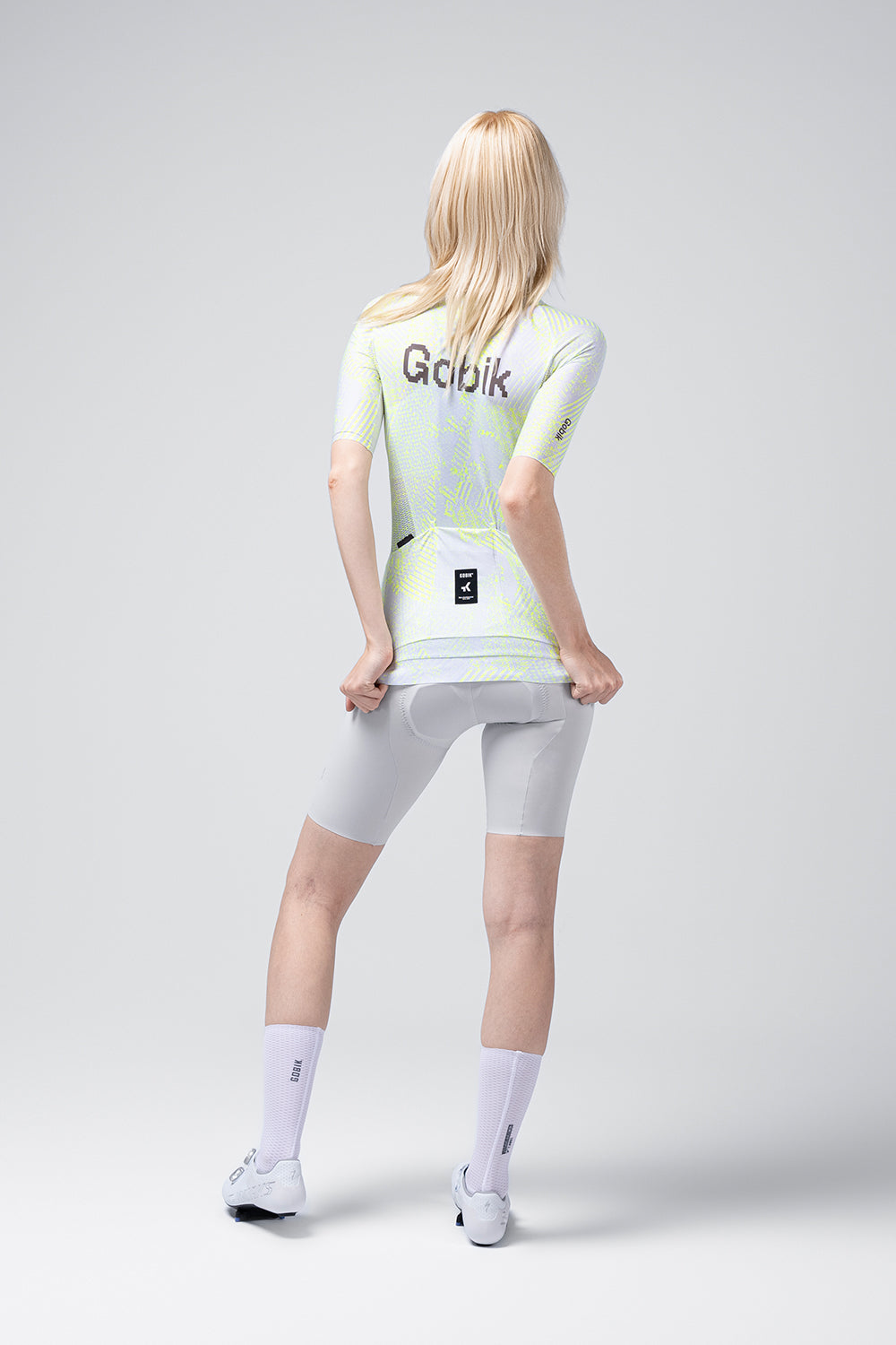 Gobik CX Pro Jersey in Amazonian colorway with lime green pattern, rear view