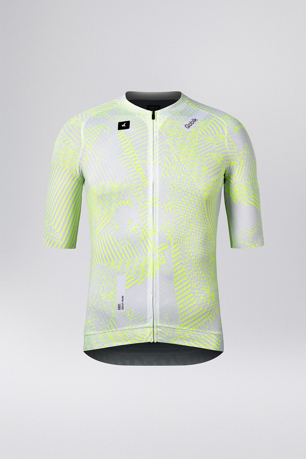 Gobik CX Pro cycling jersey in white with bright yellow geometric pattern