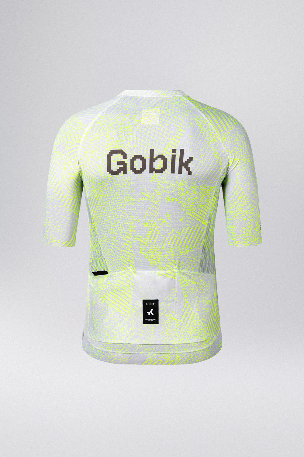 Gobik CX Pro cycling jersey in gray with bright yellow-green Amazonian pattern