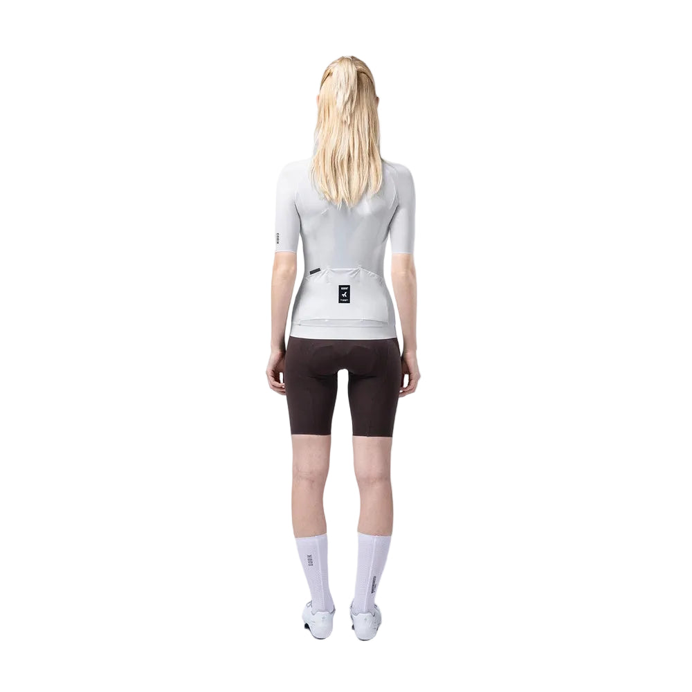 Gobik CX Solid cycling jersey in light gray, rear view on model