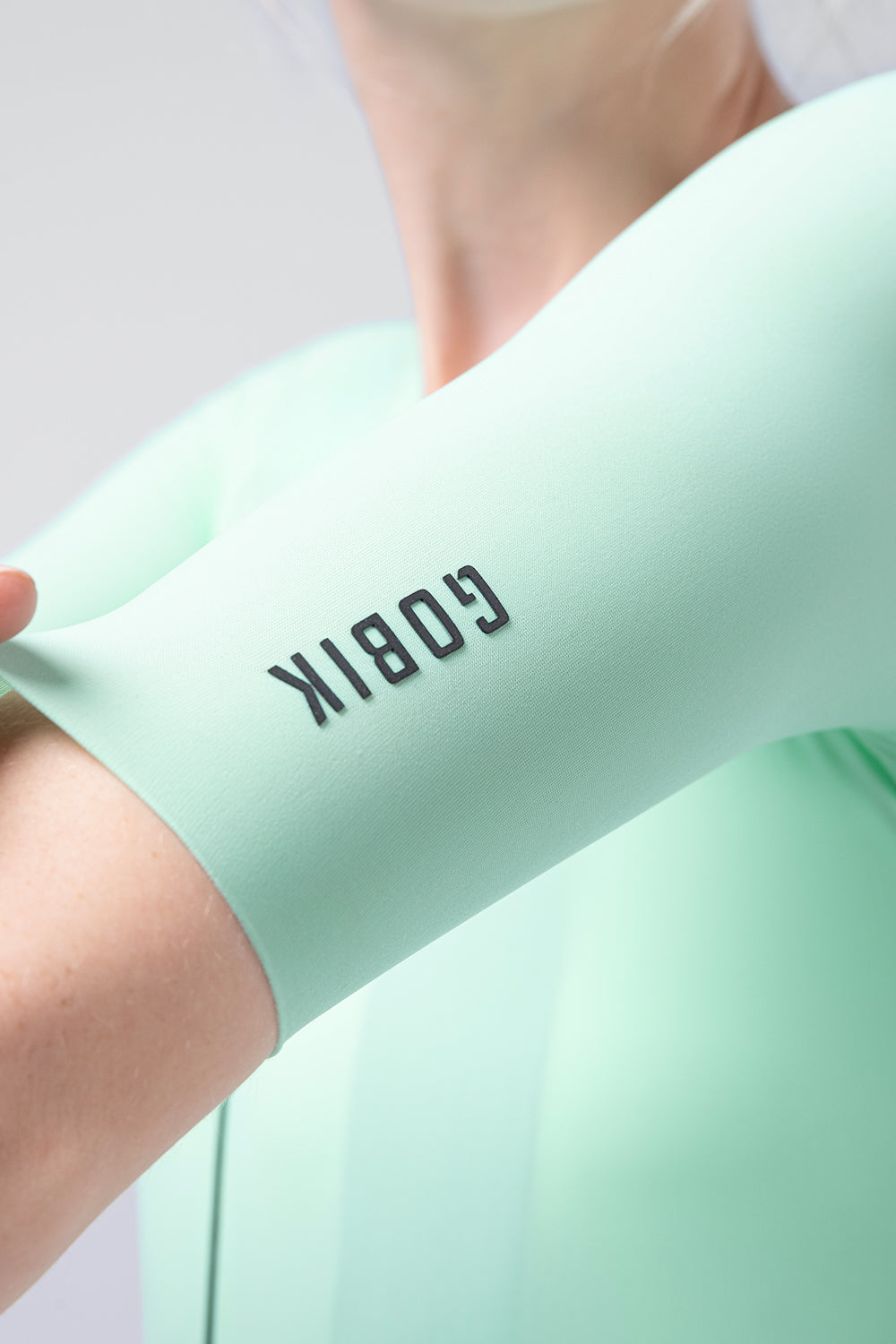 Gobik CX Solid cycling jersey in light mint green worn by model