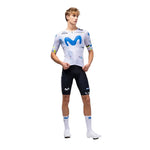 Gobik Nexflow cycling jersey in white with blue Movistar team design worn by model