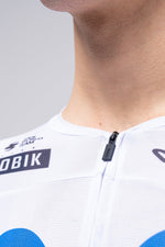 Gobik Nexflow cycling jersey in white with blue team colors and quarter zip