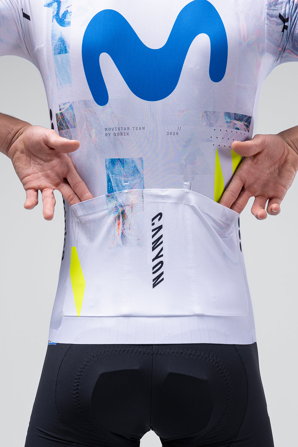 Gobik Nexflow cycling jersey in Movistar Team colorway with blue logo on white base