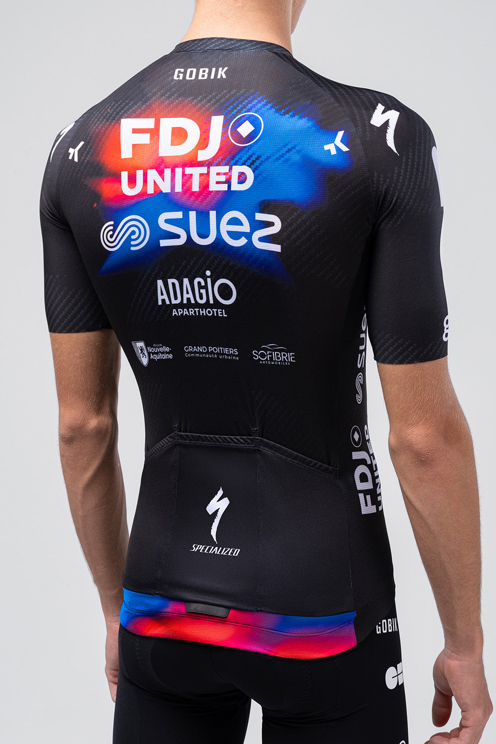 Gobik cycling jersey in FDJ UNITED SUEZ team colors with black, red and blue design