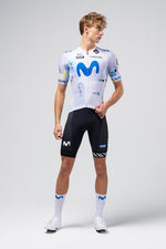 Gobik Odyssey cycling jersey in Movistar team colors with matching shorts on model