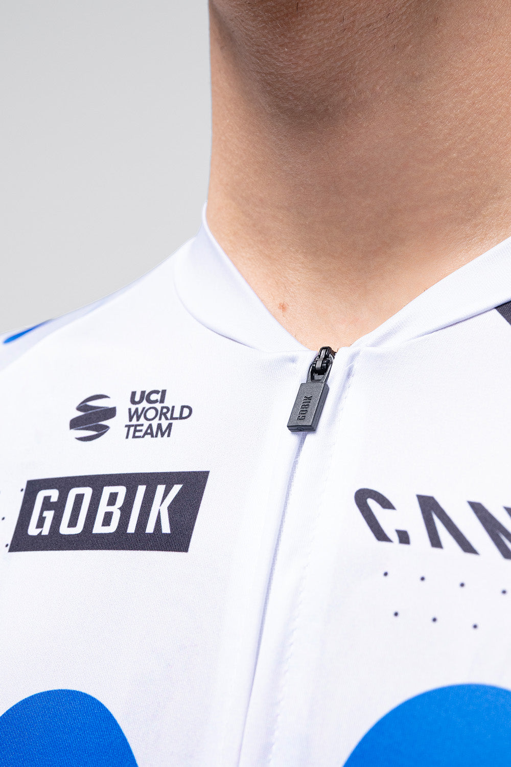 Gobik Odyssey cycling jersey in white with blue Movistar Team colors