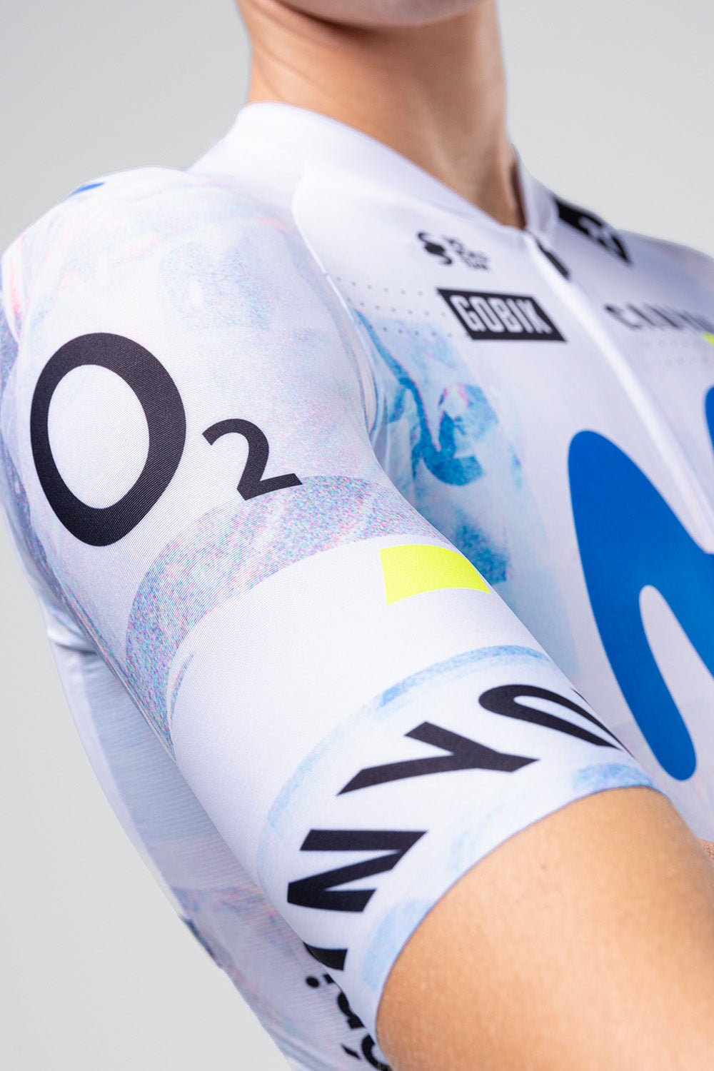 Gobik Odyssey cycling jersey in white with blue Movistar team design patterns