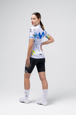 Gobik Odyssey Short Sleeve Jersey in Movistar Team colors worn by female cyclist
