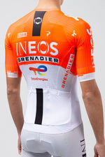 Gobik cycling jersey in Ineos Grenadiers orange and white team colors, rear view