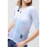 Woman wearing Gobik Reactive short sleeve cycling jersey in light blue gradient