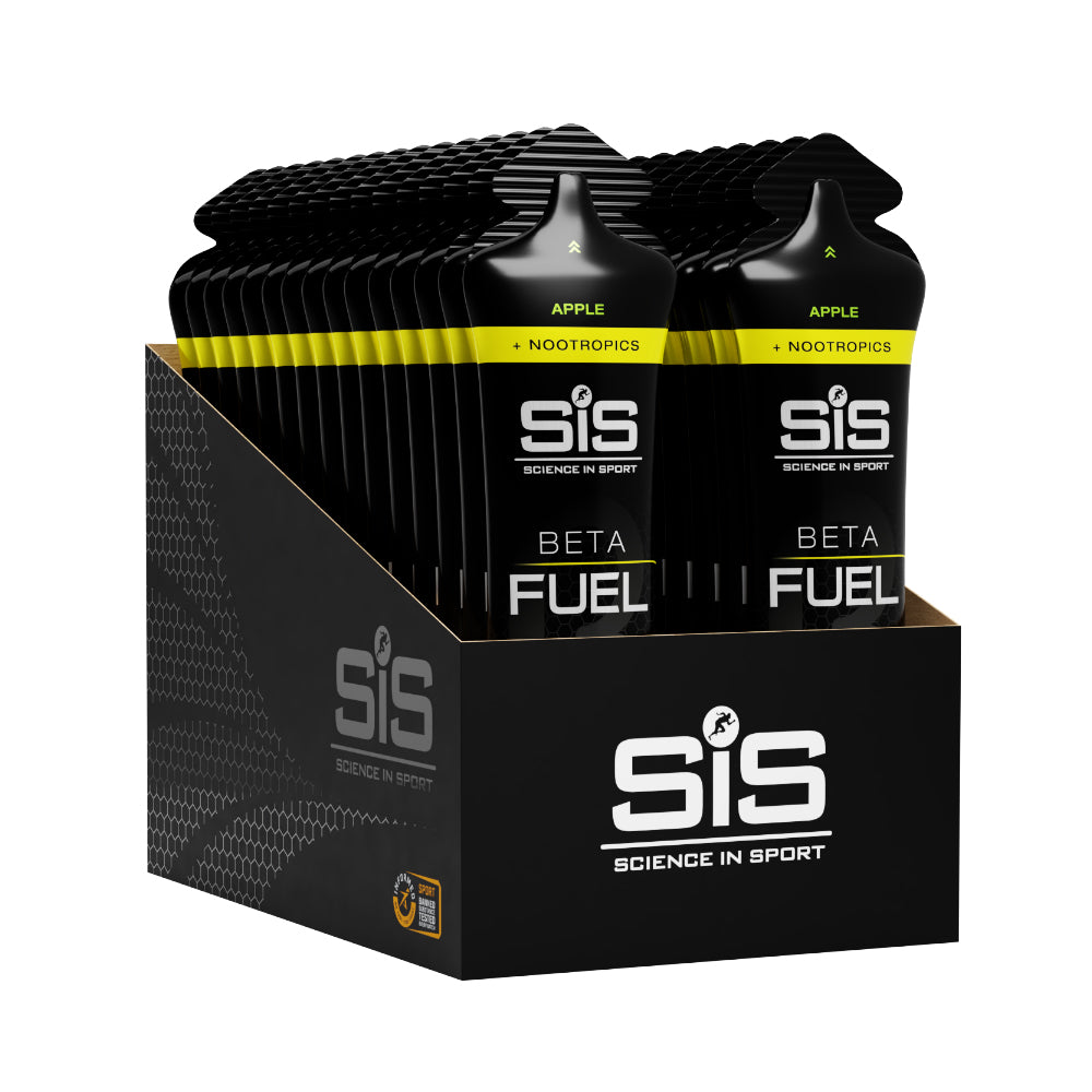 SIS Beta Fuel Plus Nootropics Apple flavor 30 pack box showing multiple gel pouches