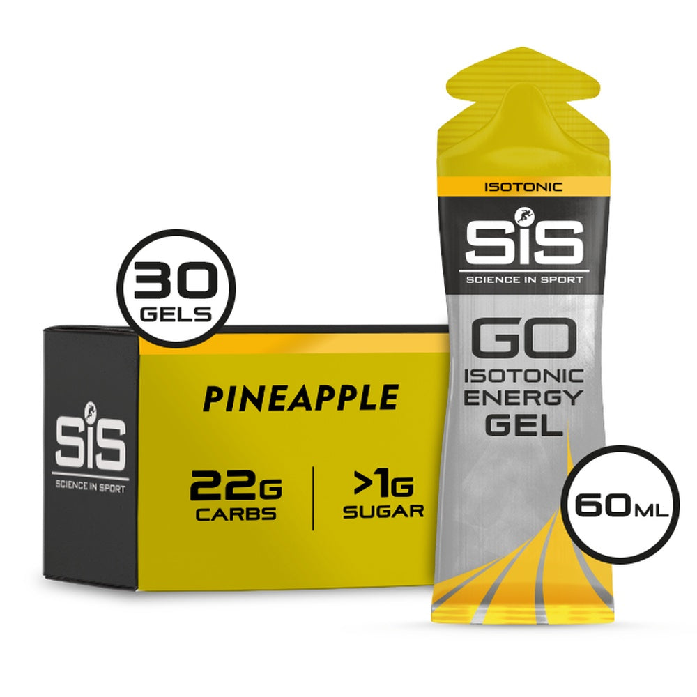 SIS Go Isotonic Energy Gel 30 pack box with single pineapple flavored gel tube