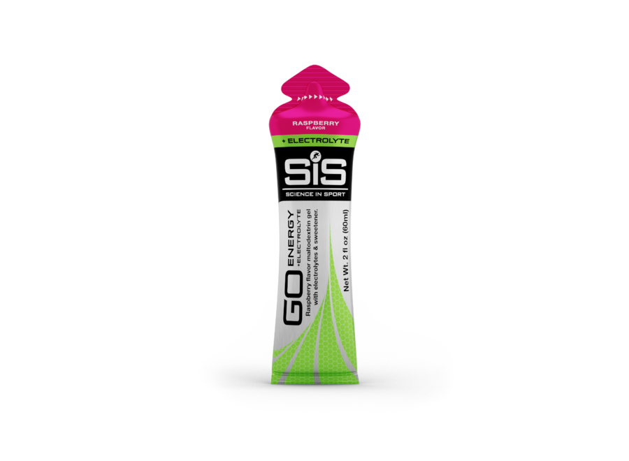 SIS Science in Sport GO Energy Plus Electrolyte Gel 60ml Raspberry flavor single packet front view