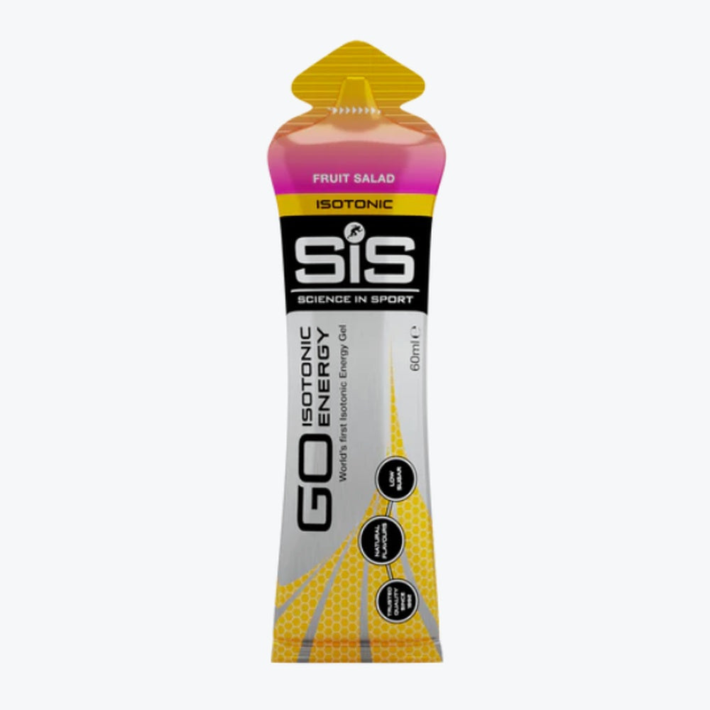 SiS Go Isotonic Energy Gel in Fruit Salad flavor with pink gel and yellow cap