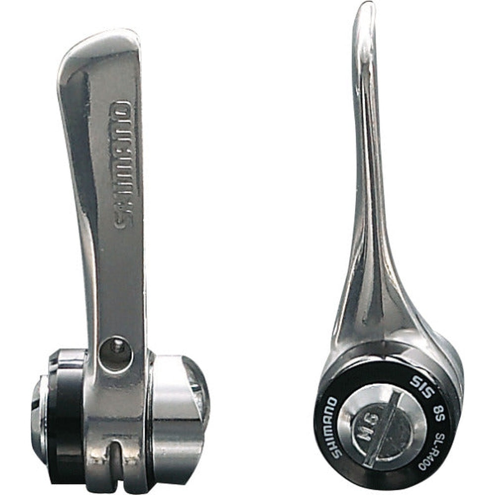 Shimano SL-R400 silver shift levers shown from two angles on white background