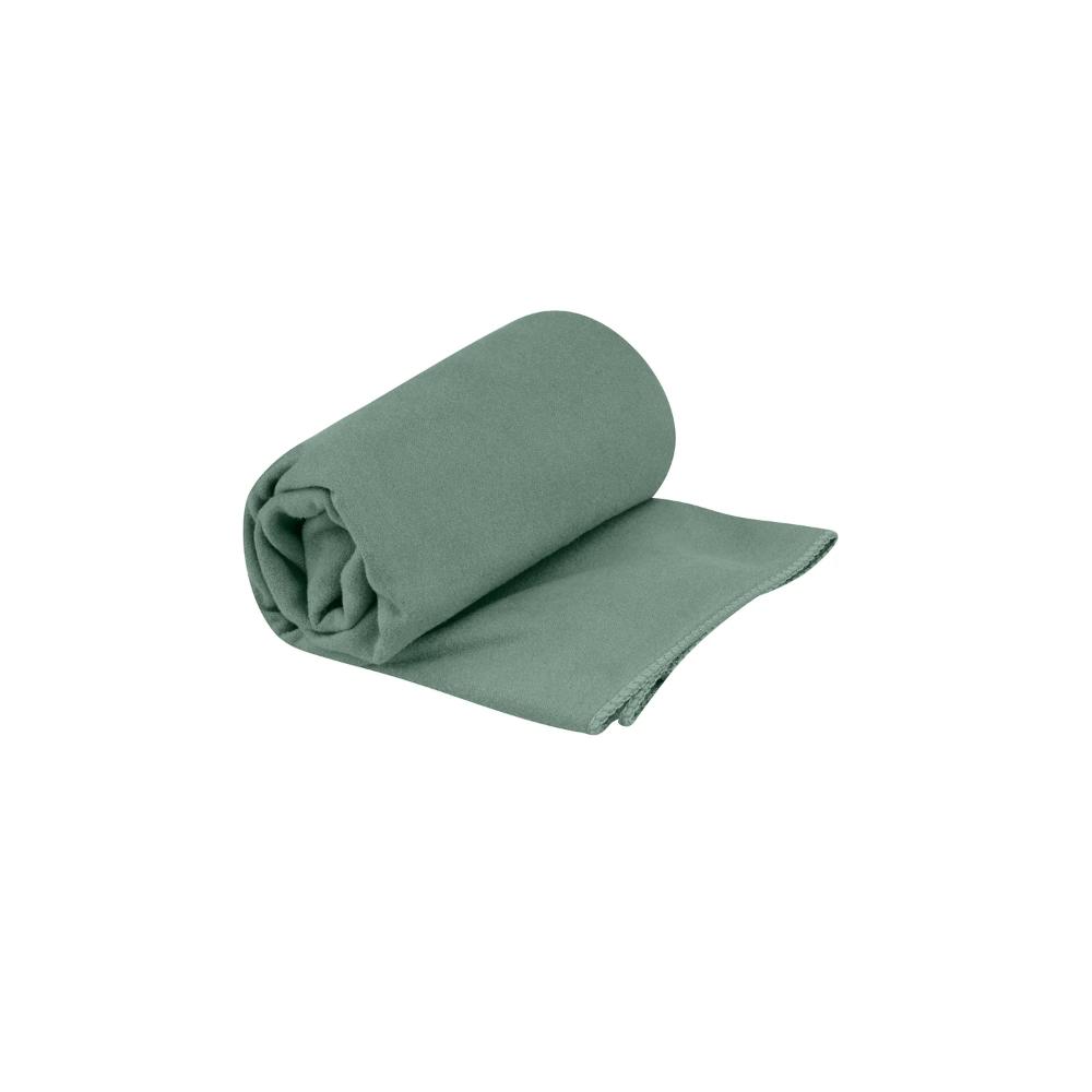 Sea to Summit Drylite Towel in sage green, rolled and partially unfolded on white background