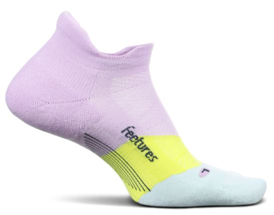 Feetures Elite Max Cushion Tab sock in lavender purple with colorblock design