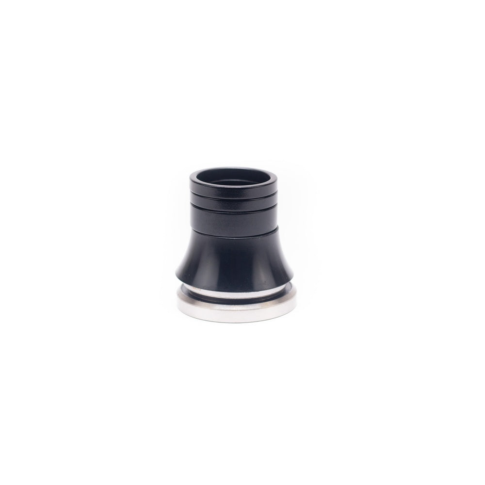 Specialized black integrated headset with aluminum spacers on white background
