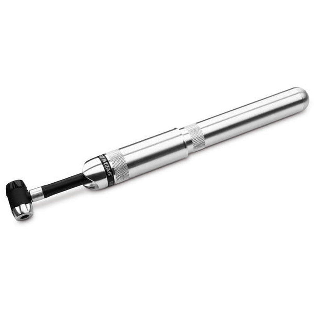 Specialized silver air tool pump with black flexible hose on white background