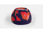 Specialized cycling cap with navy blue base and red-orange geometric pattern